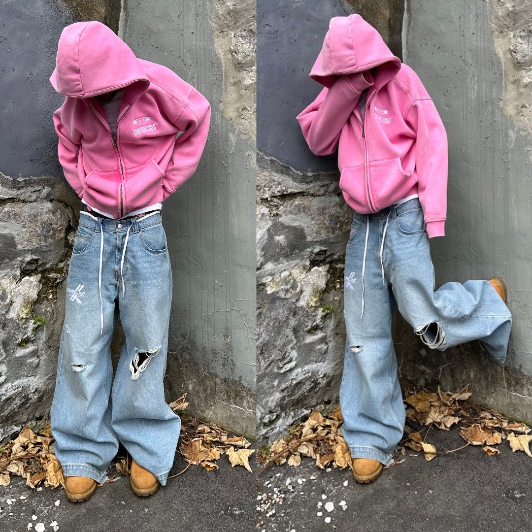 Acid washed “Embroidered logo zip”