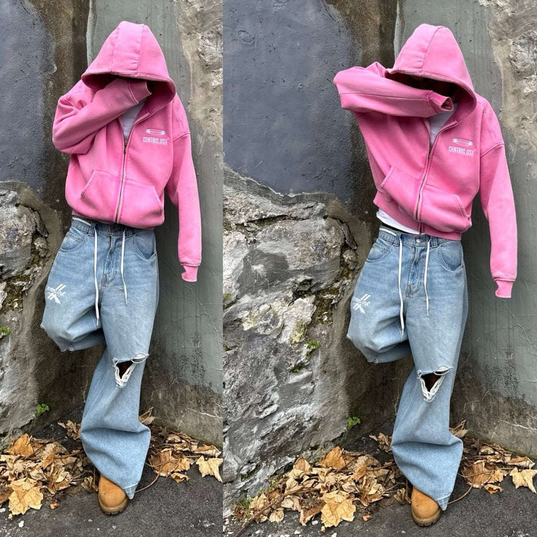 Acid washed “Embroidered logo zip”